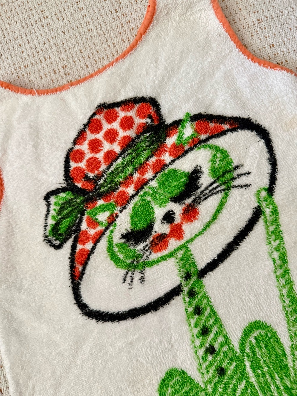 Vintage Anthropomorphic Cartoon Cat Terry Cloth Children's Smock Mid Century